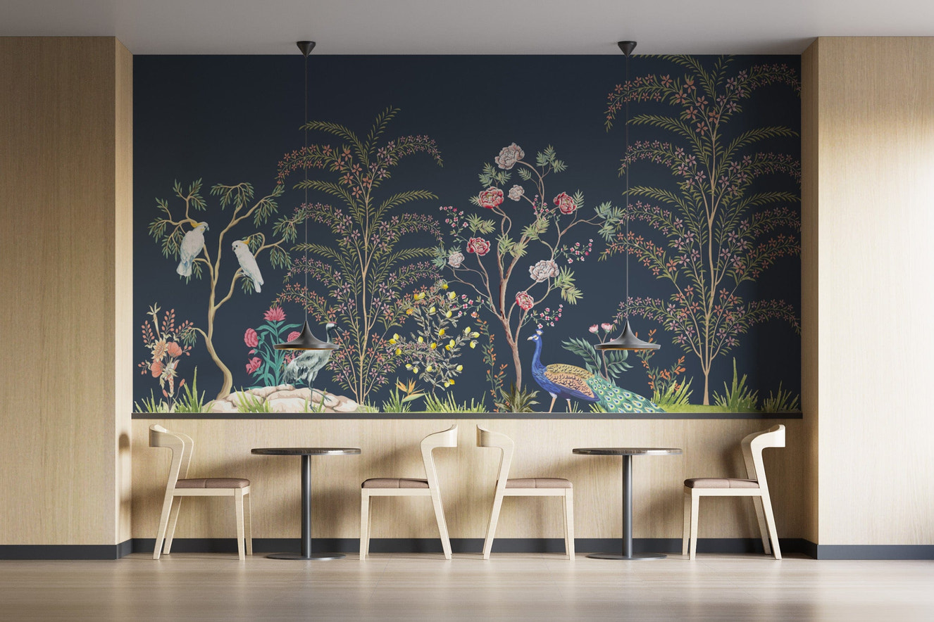 Botanical wallpaper with exotic birds
