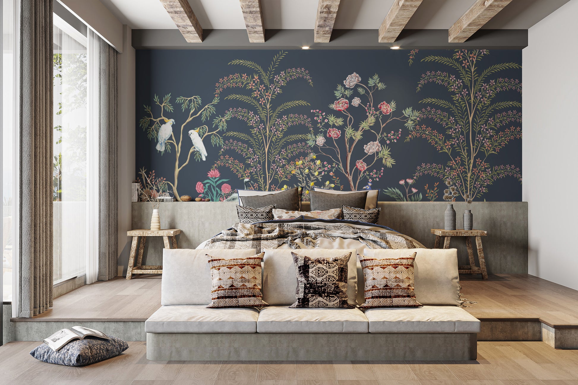 Parrots and peacocks on floral wallpaper
