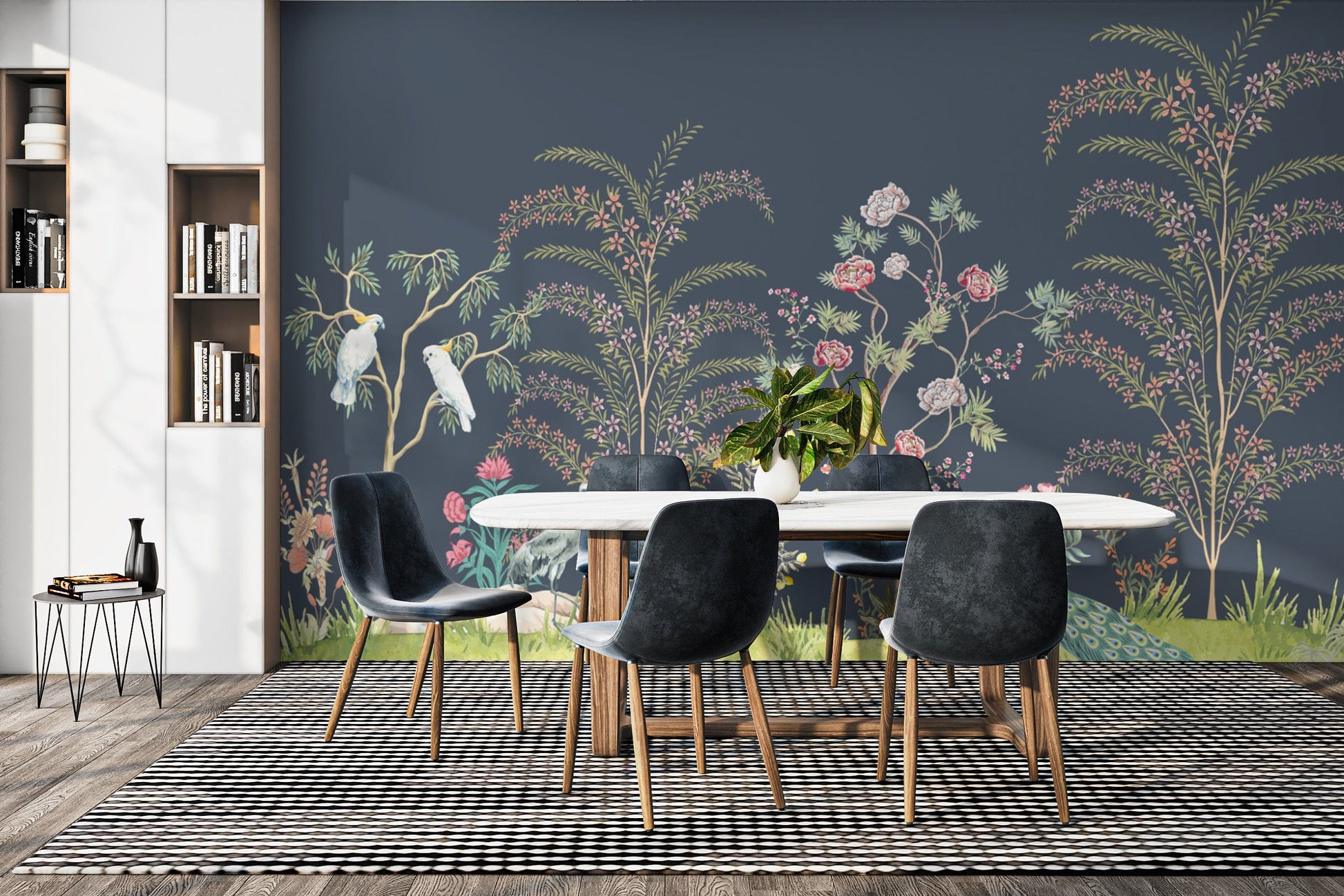 Exotic birds in botanical wallpaper
