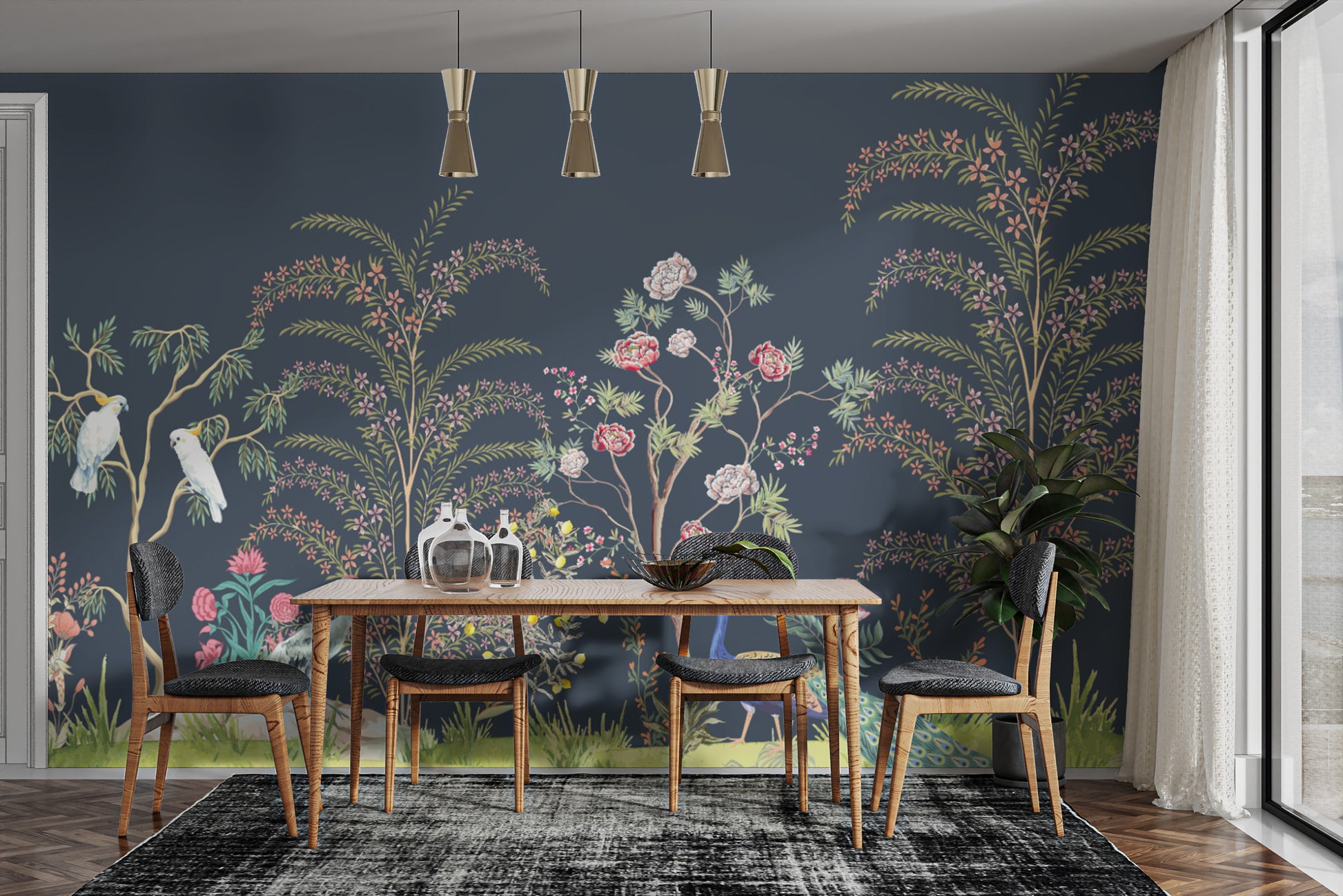 peacocks on floral wallpaper