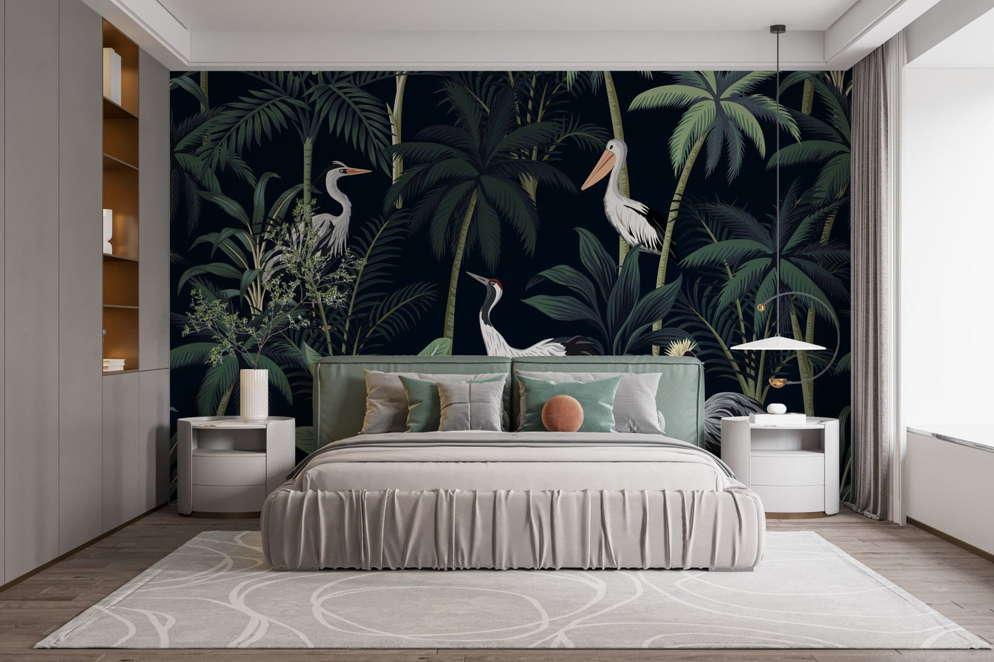 Tropical birds in night sky wallpaper mural