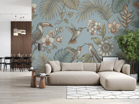 Living room with Tropical Birds Serenity Wall Mural in soft blue tones, GD9428