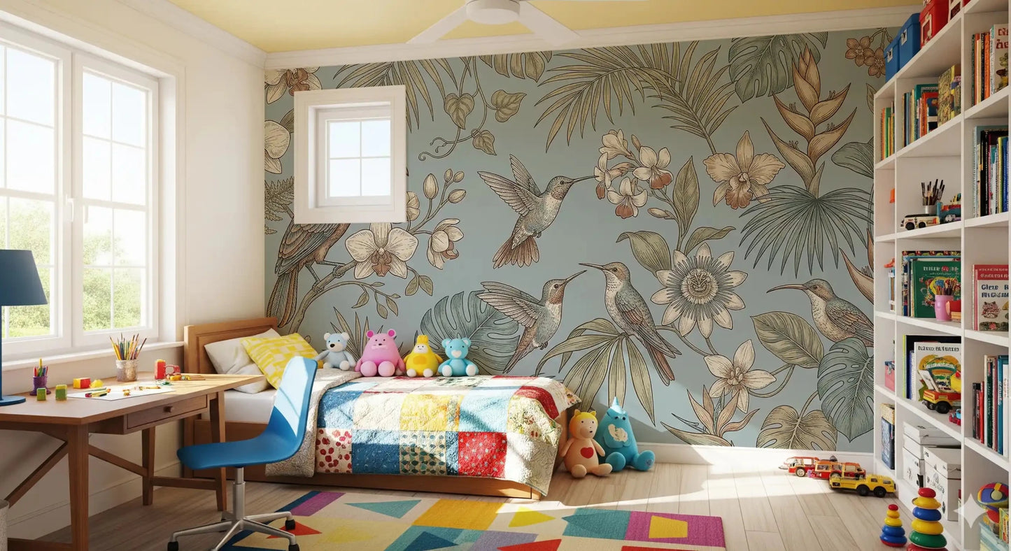 Calm blue artwork marks the Tropical Birds Serenity Wall Mural clearly