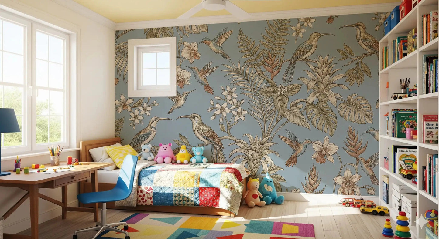 Study room wall with Tropical Bloom Wall Mural on a light blue background