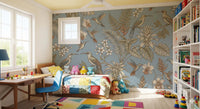 Study room wall with Tropical Bloom Wall Mural on a light blue background