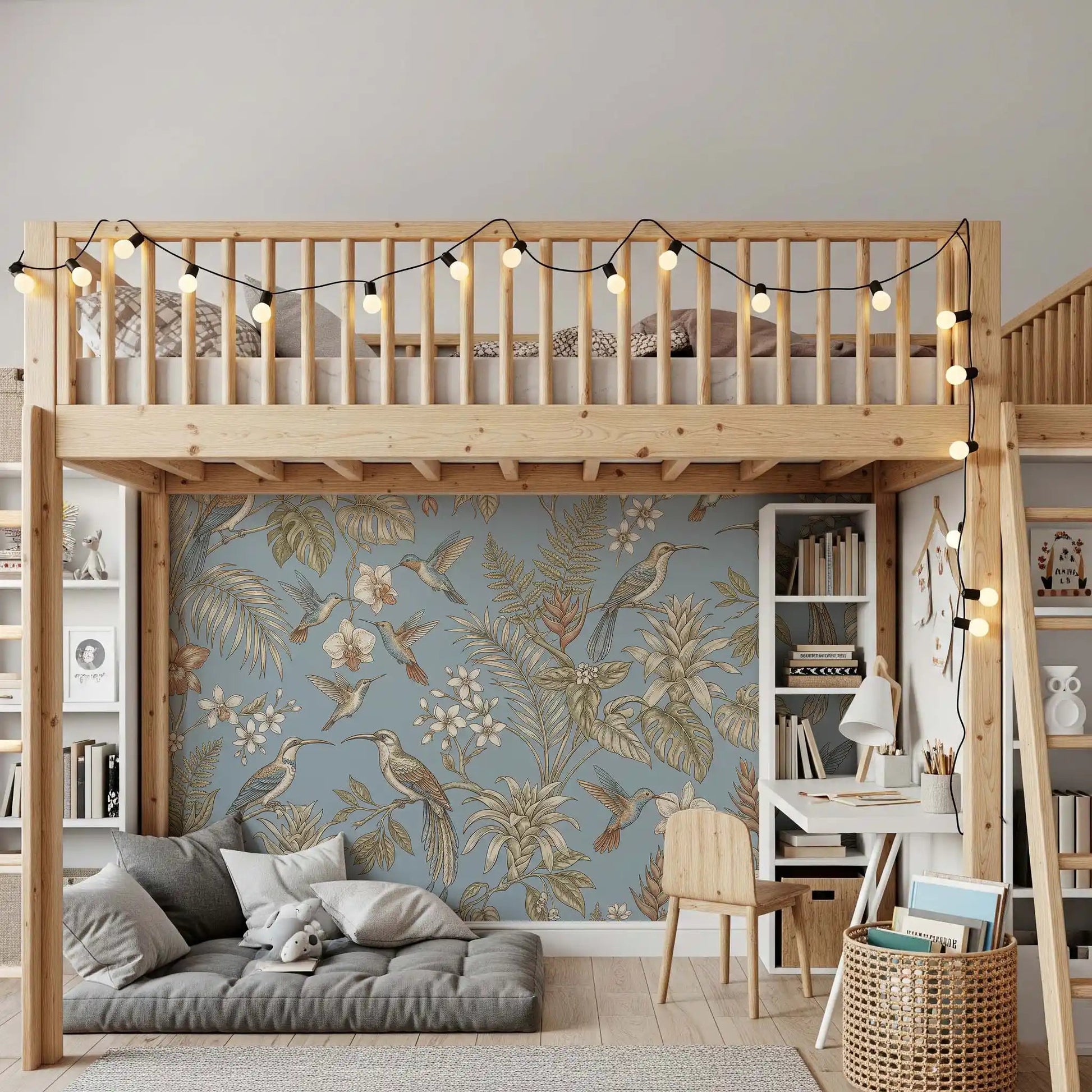 Bedroom styled in Tropical Bloom Wall Mural with birds and floral detail