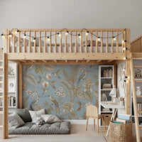 Bedroom styled in Tropical Bloom Wall Mural with birds and floral detail