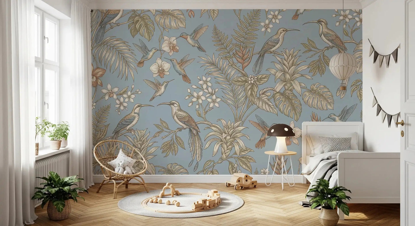 Botanical birds define the Tropical Bloom Flight Wall Mural design
