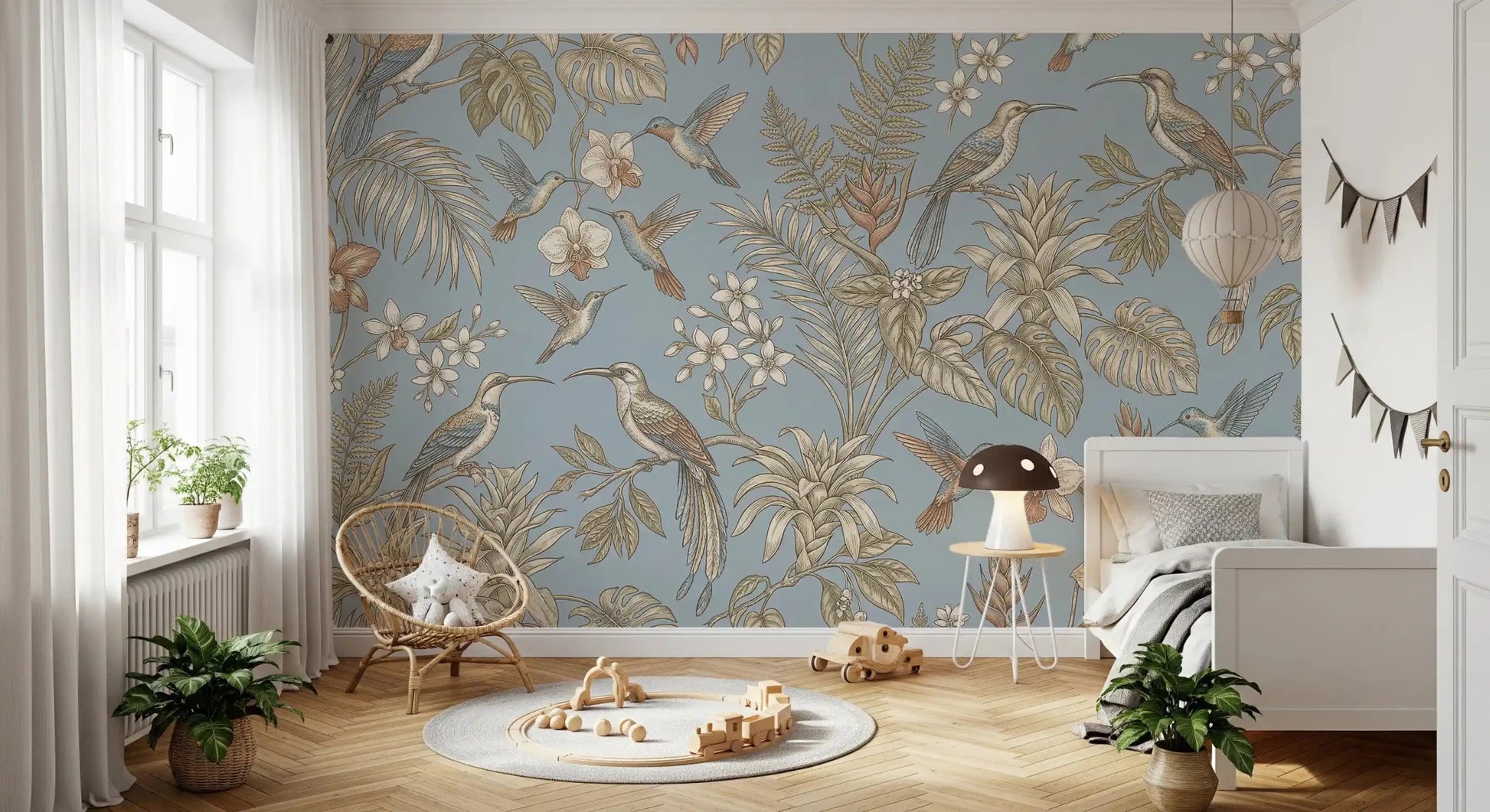 Botanical birds define the Tropical Bloom Flight Wall Mural design