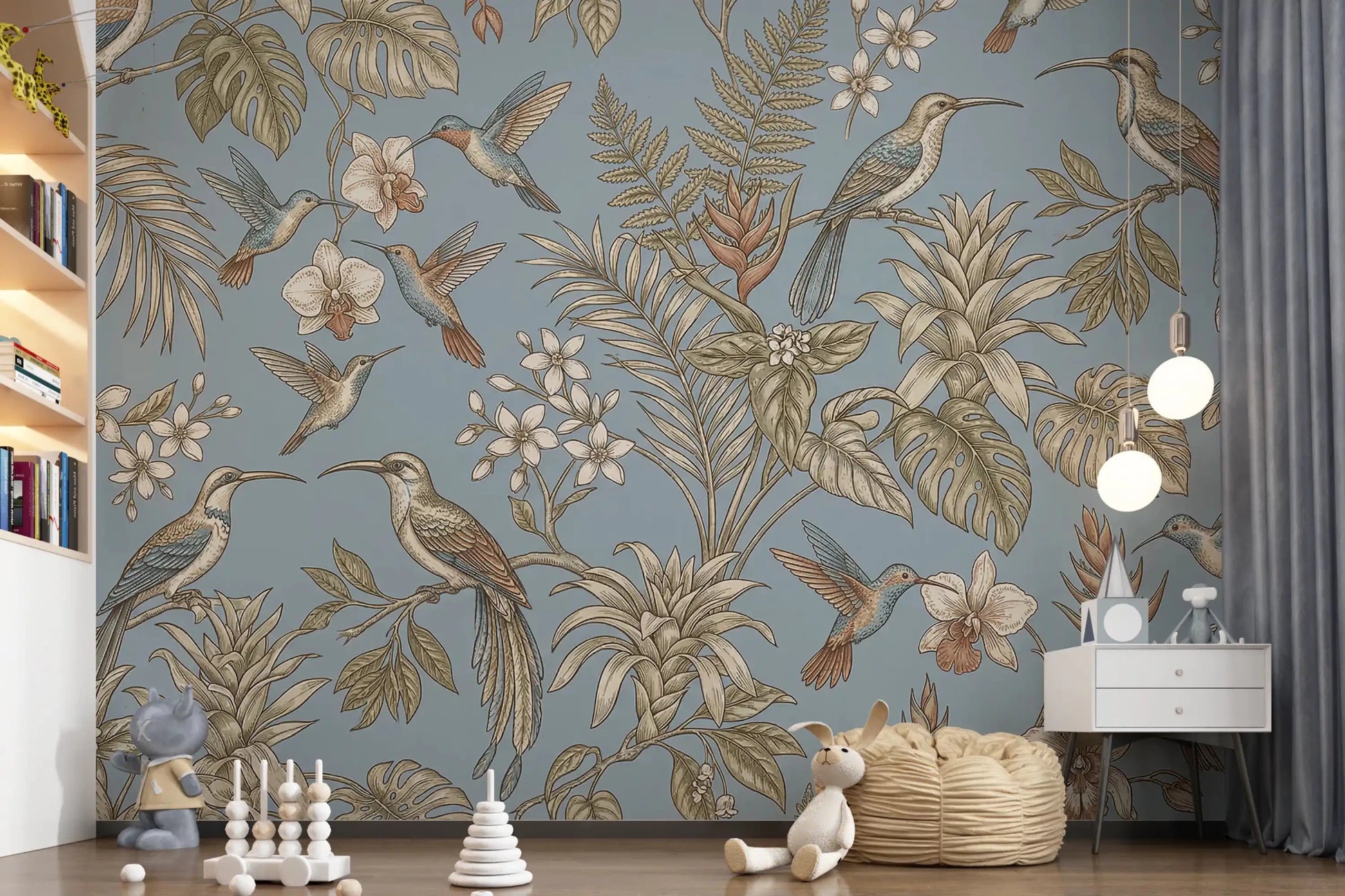 Airy blue styling gives Tropical Bloom Flight Wall Mural a calm look