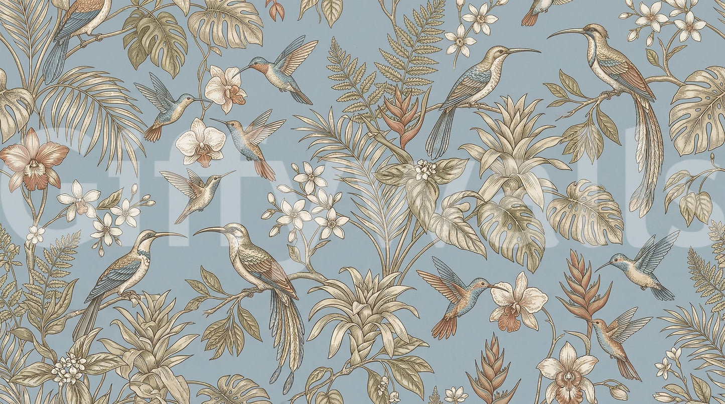 Layered blossoms and birds appear in Tropical Bloom Flight Wall Mural