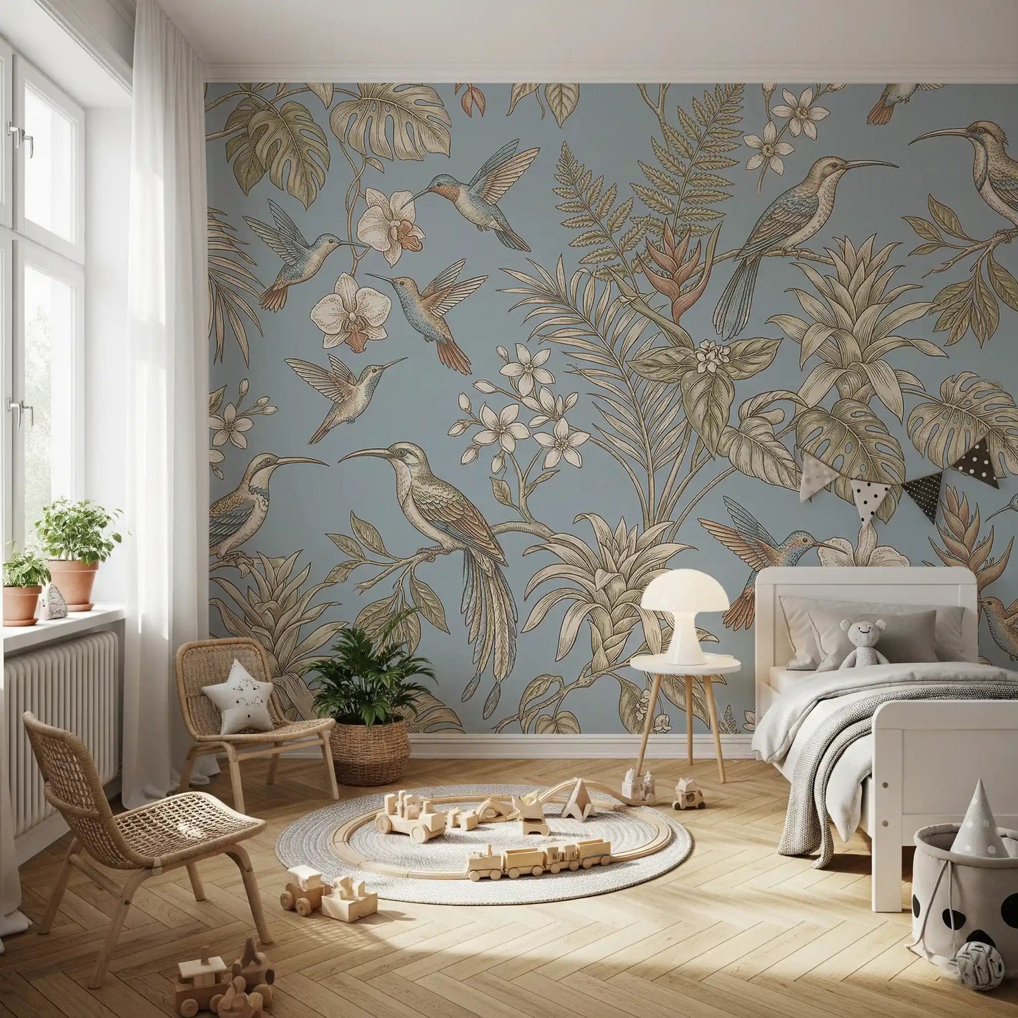 Soft blue Tropical Bloom Flight Wall Mural with birds and blossoms