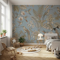 Soft blue Tropical Bloom Flight Wall Mural with birds and blossoms
