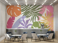 A peaceful paradise scene mural on decorative wallpaper.

