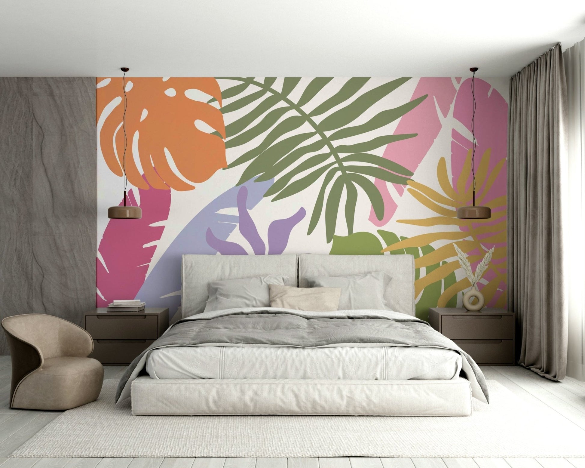 A beautiful tropical foliage wall mural for a living room.

