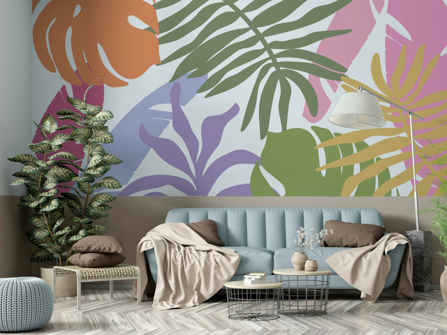 A graceful tropical leaf wall mural in bright, bold tones.

