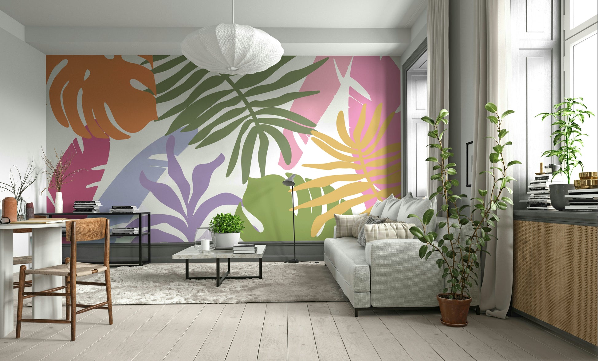 An artistic lush botanical mural on vibrant wallpaper.

