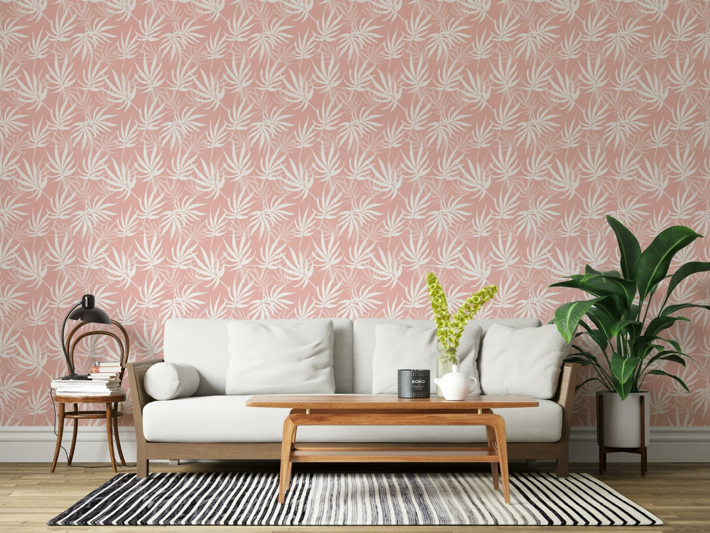 Tropical Blush backdrop wall paper installation feminine vibe decor.