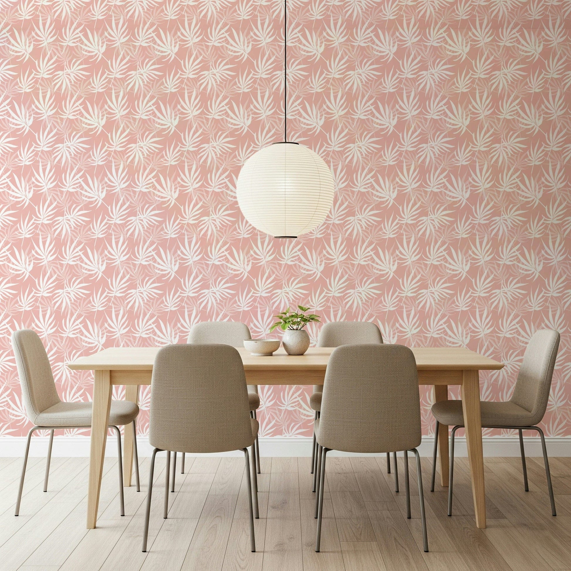 Stylized Tropical Blush leaf pattern wall covering floral graphic design.