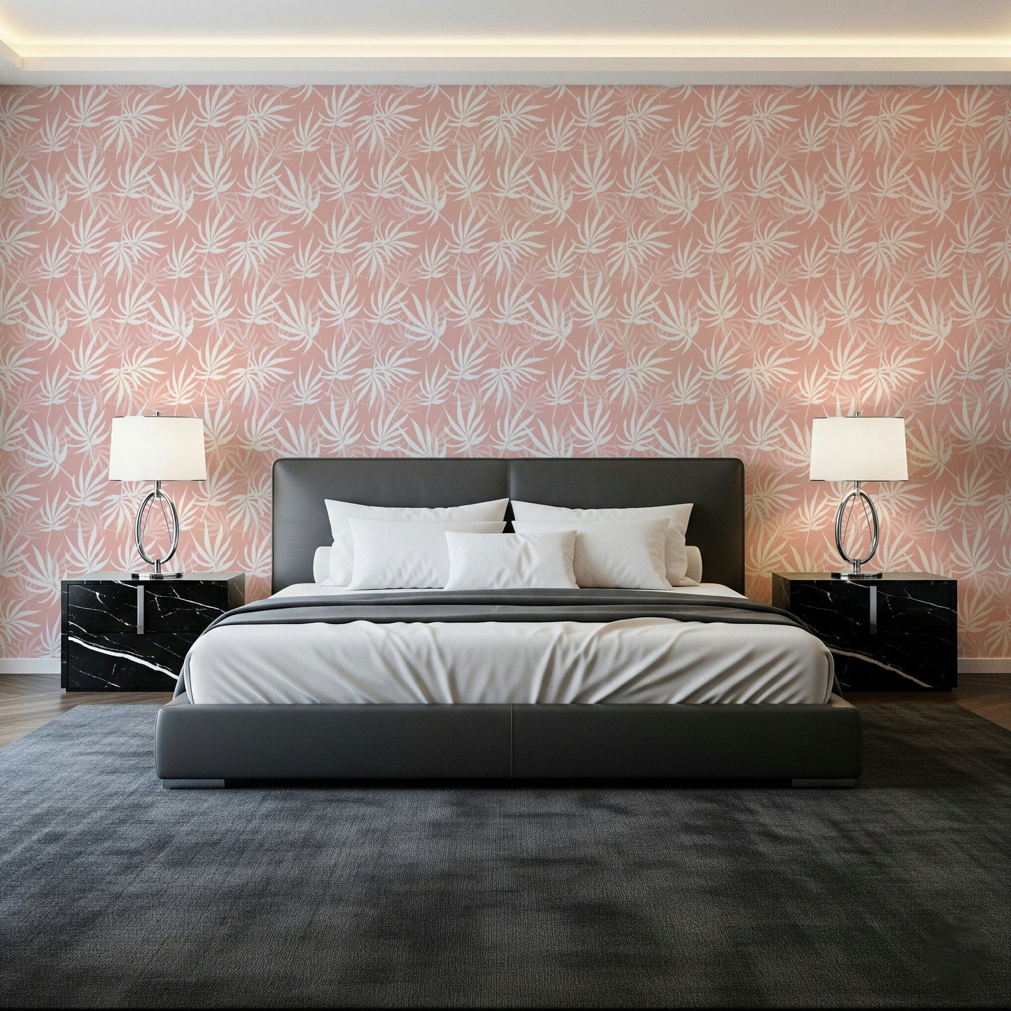 Pastel Tropical Blush mural white outline leaf effect wall accent wallpaper.