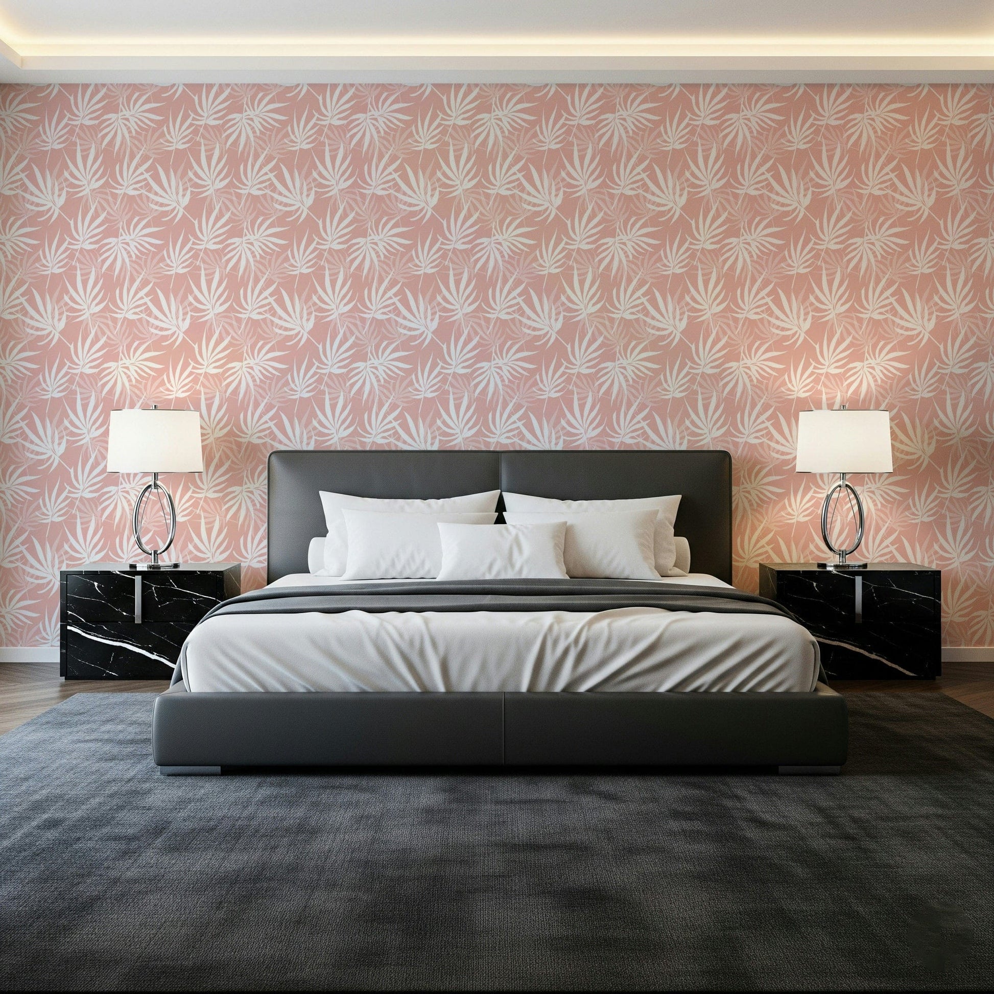 Pastel Tropical Blush mural white outline leaf effect wall accent wallpaper.