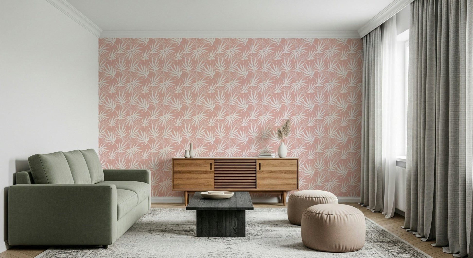Patterned Tropical Blush wall mural smooth peel and stick application.