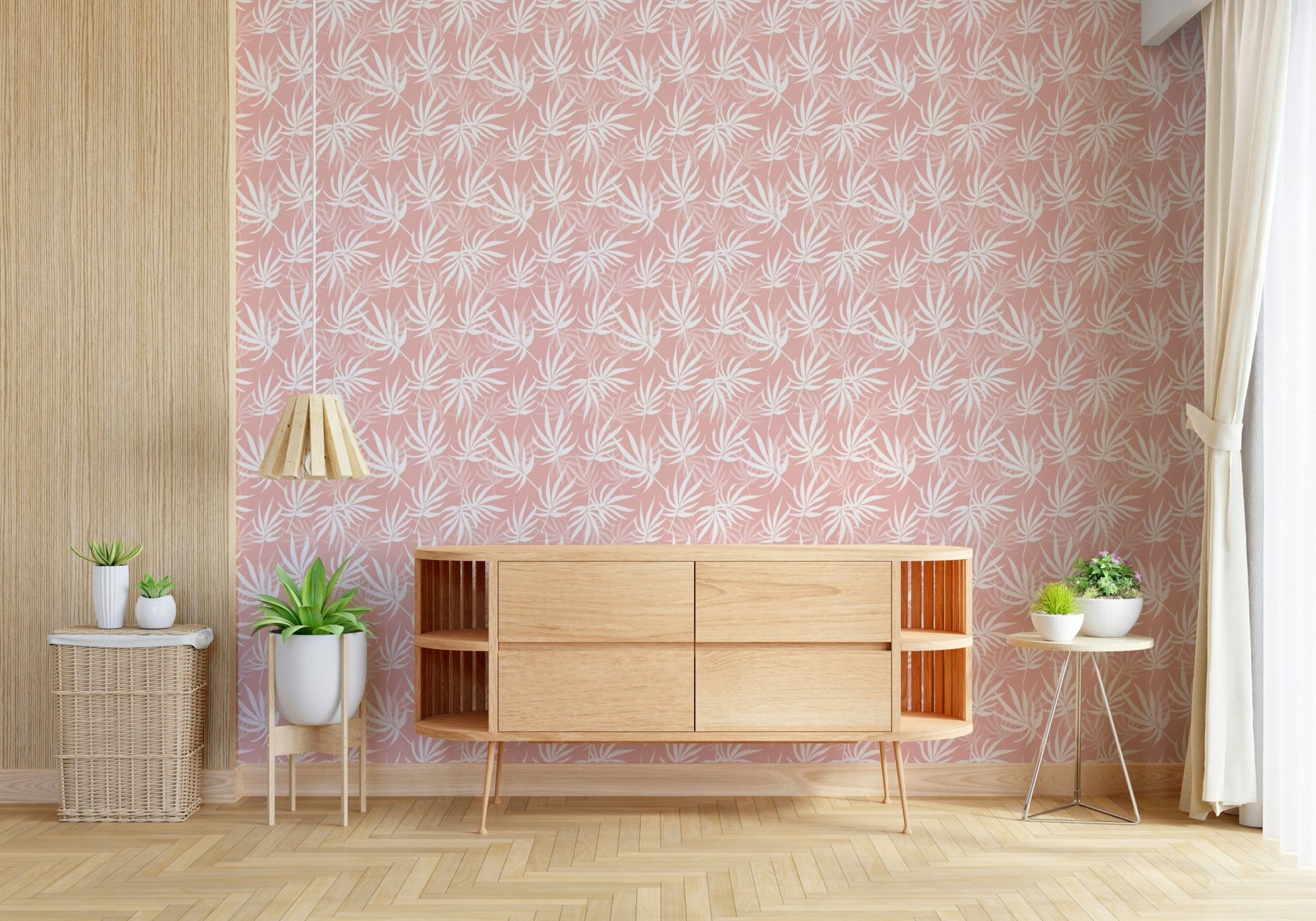 Airy Tropical Blush wallpaper for walls contemporary palm fronds mural.