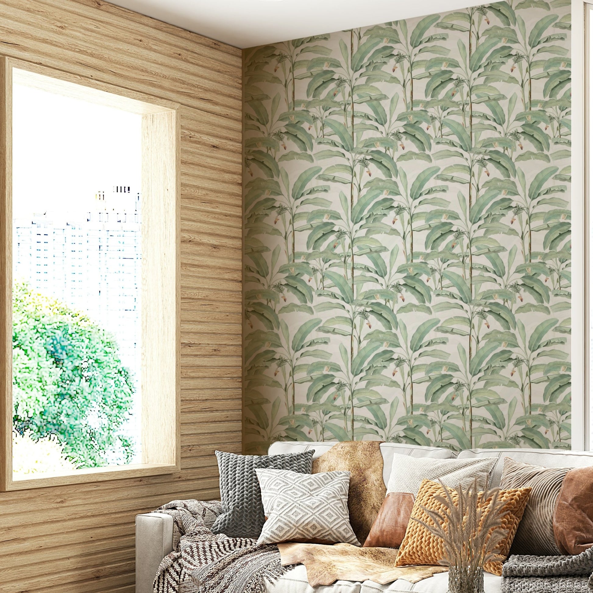Lush plant wallpaper in tropical green tones

