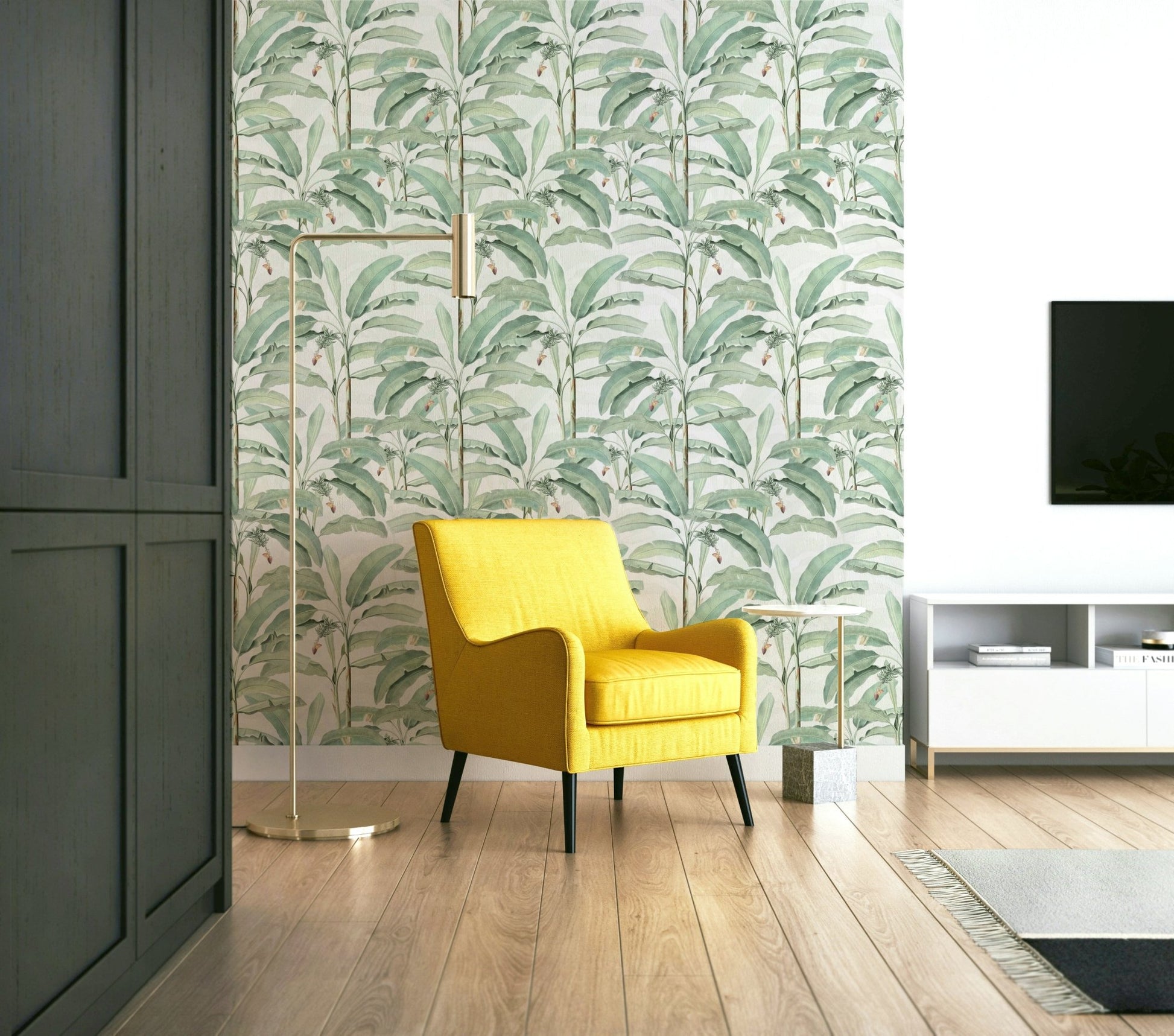 Hand-painted tropical foliage wall design

