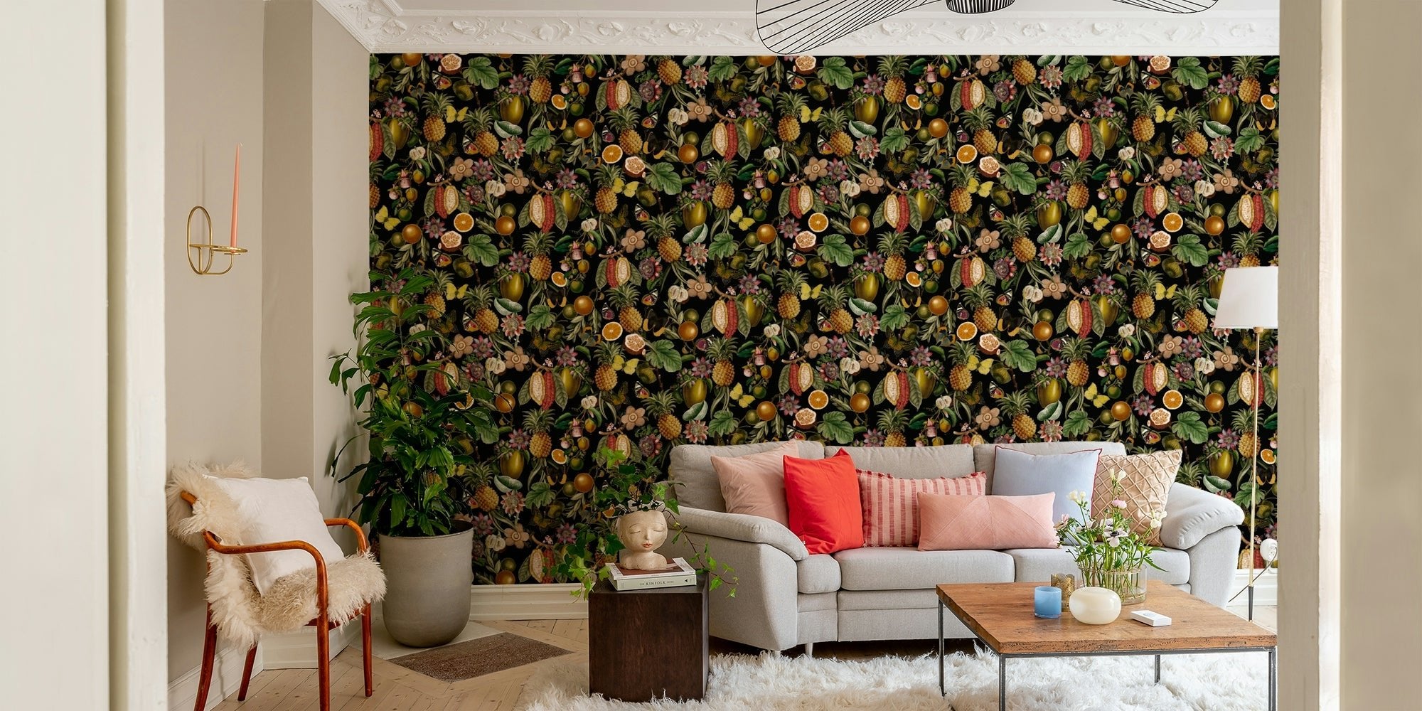 Lush green leaves and vibrant tropical flowers on wallpaper., GD1399