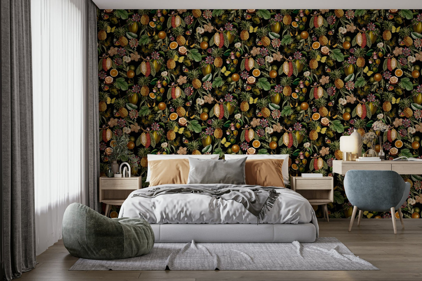 Exotic tropical plants and flowers in stunning wallpaper design.

