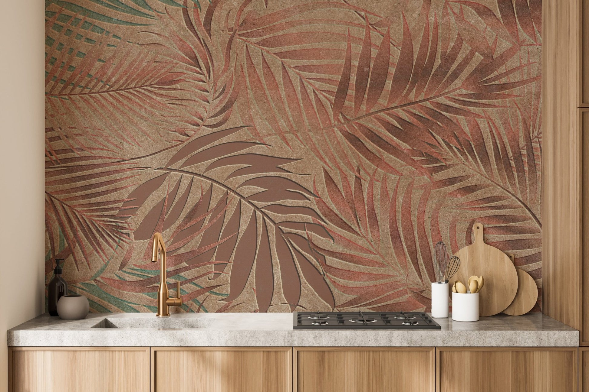 Exotic tropical leaves wallpaper in copper hue A827