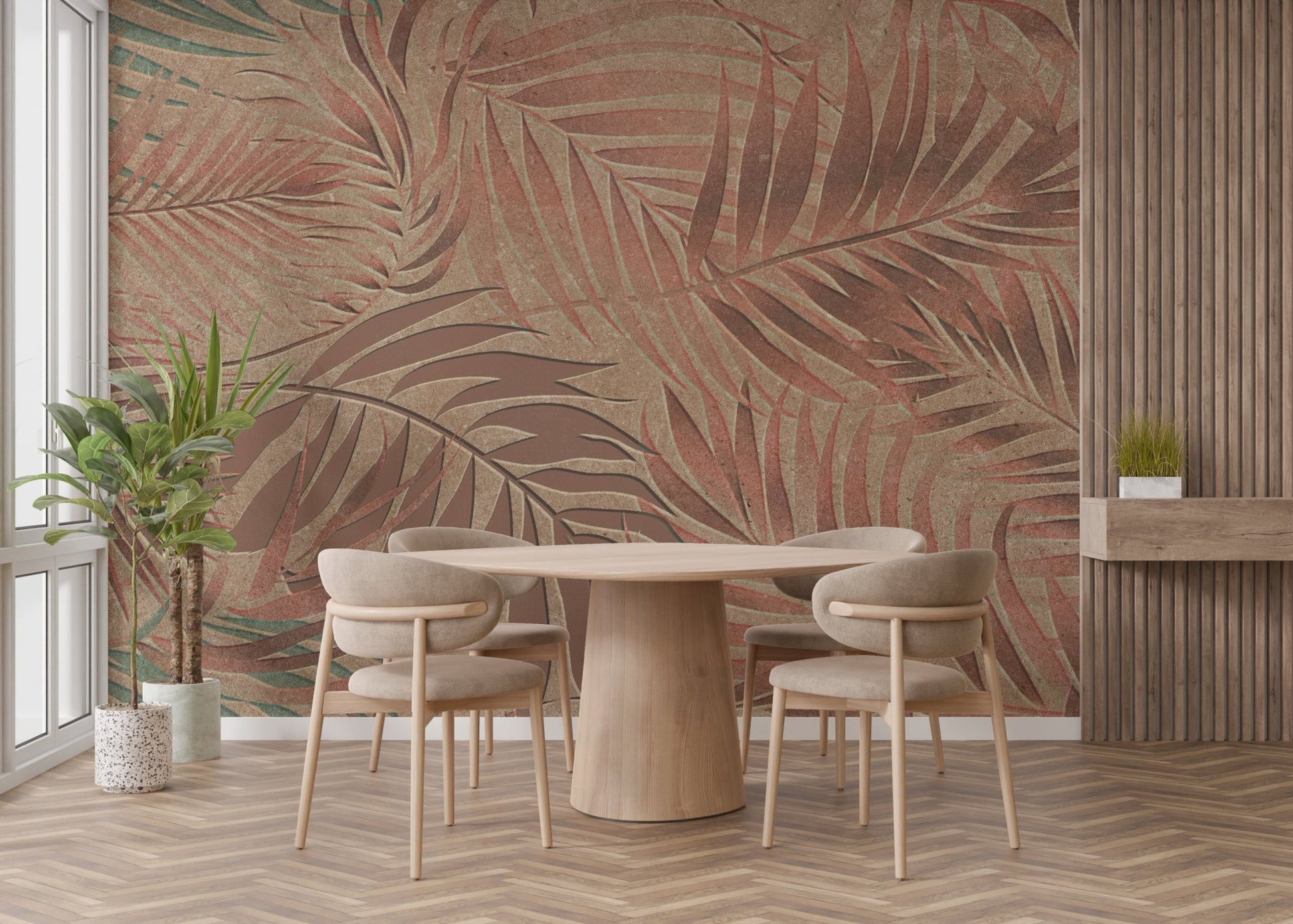 Tropical mural with copper and earthy leaves A827