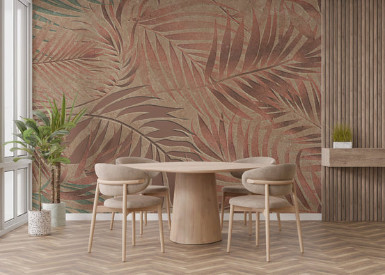 Tropical mural with copper and earthy leaves A827