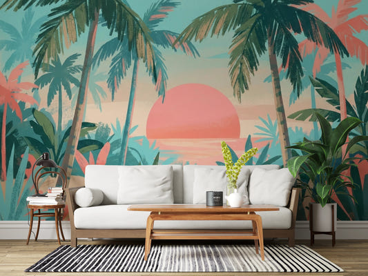 Living room with Tropical Calm Wall Mural and pastel palm sunset