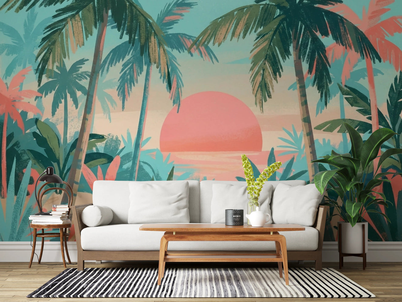 Living room with Tropical Calm Wall Mural and pastel palm sunset