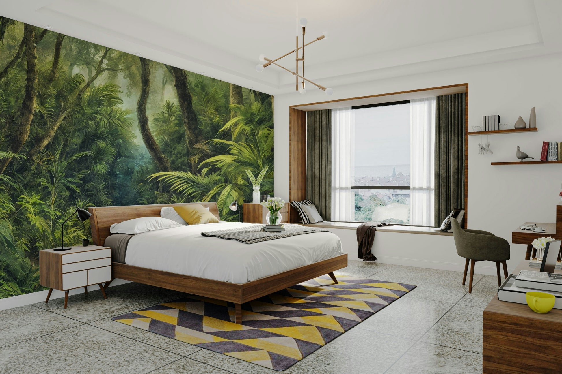 Bedroom styled in Tropical Canopy wall mural greenery GD3606