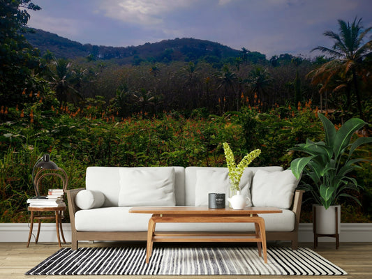 Tropical canopy wall mural in a modern living room setting.