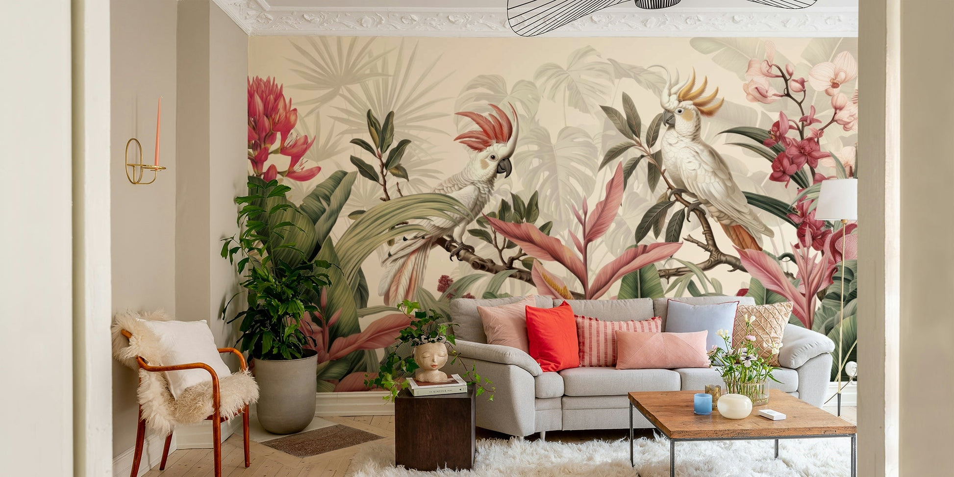 An angled shot of a wall with bird wallpaper

