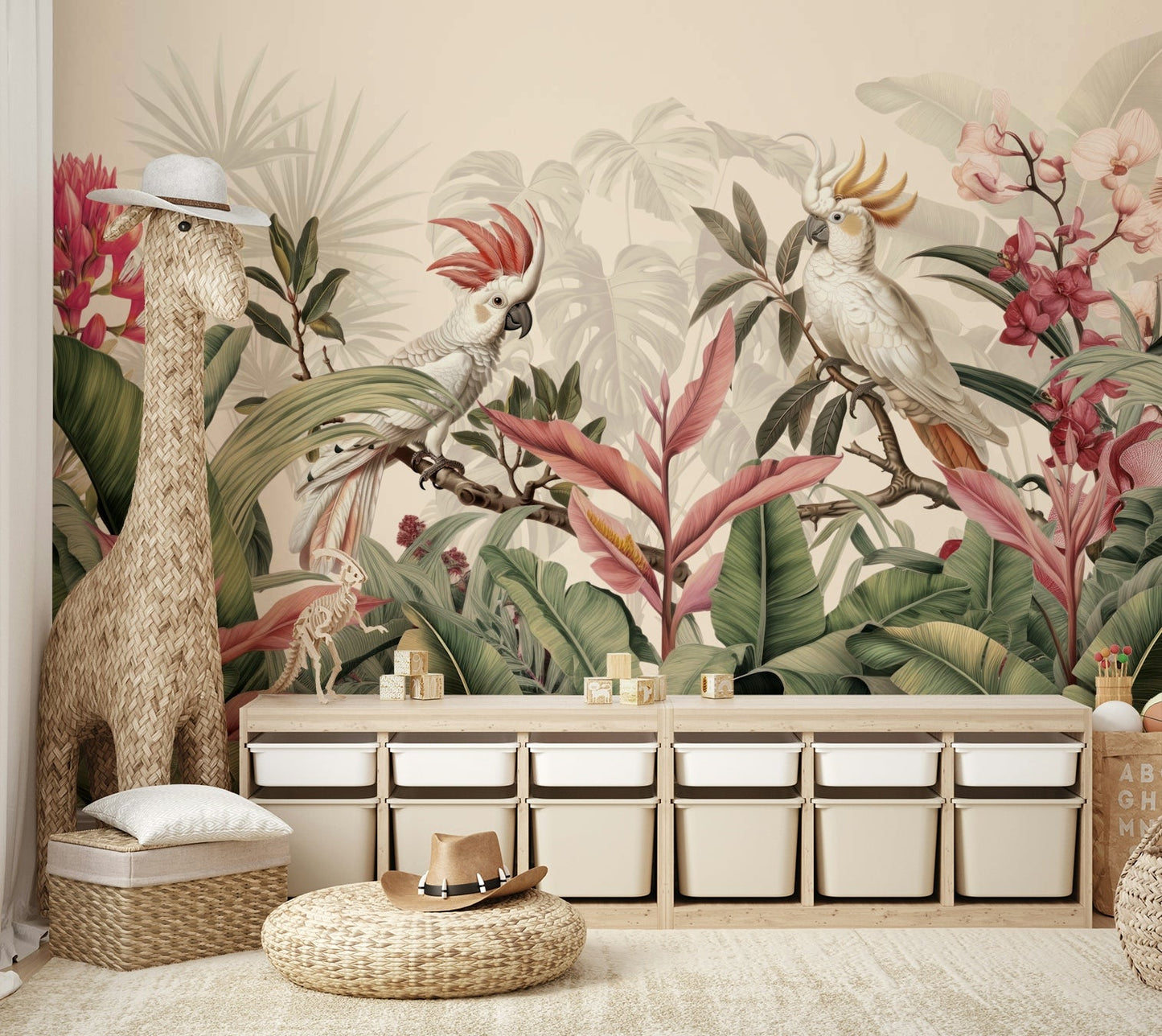 Wallpaper with a tropical jungle and bird design

