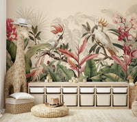 Wallpaper with a tropical jungle and bird design

