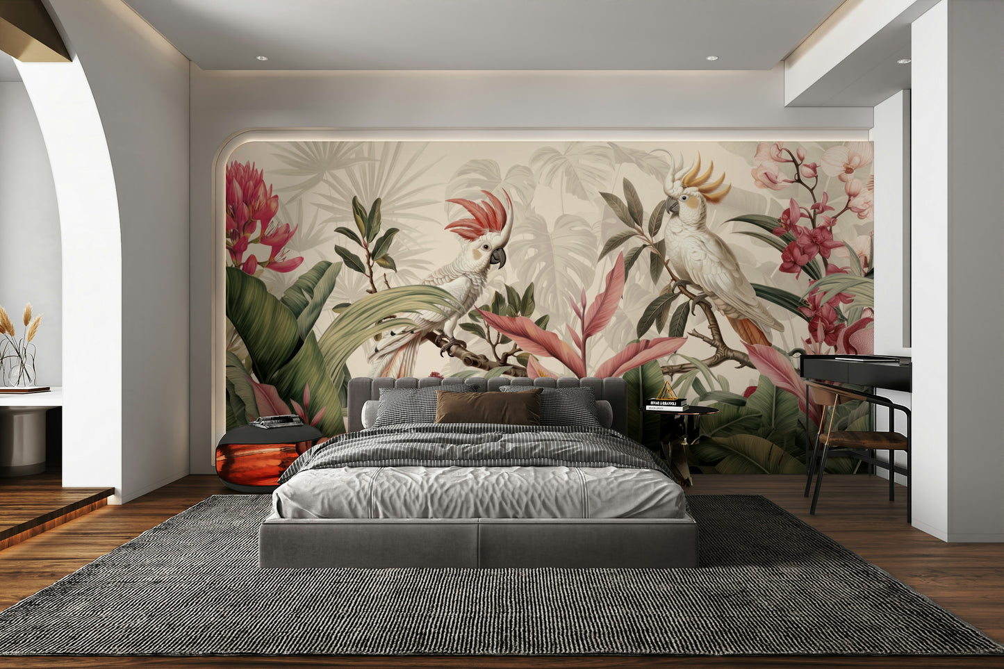 A seamless pattern of tropical birds on a wall


