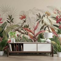 An interior with a lush and exotic accent wall

