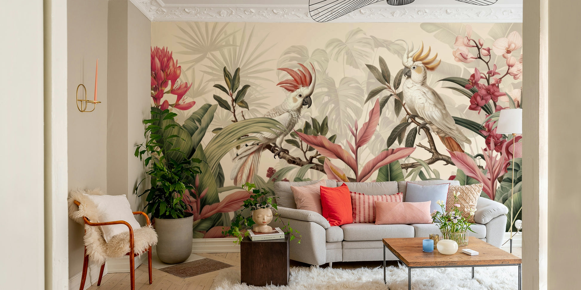 An angled shot of a wall with bird wallpaper

