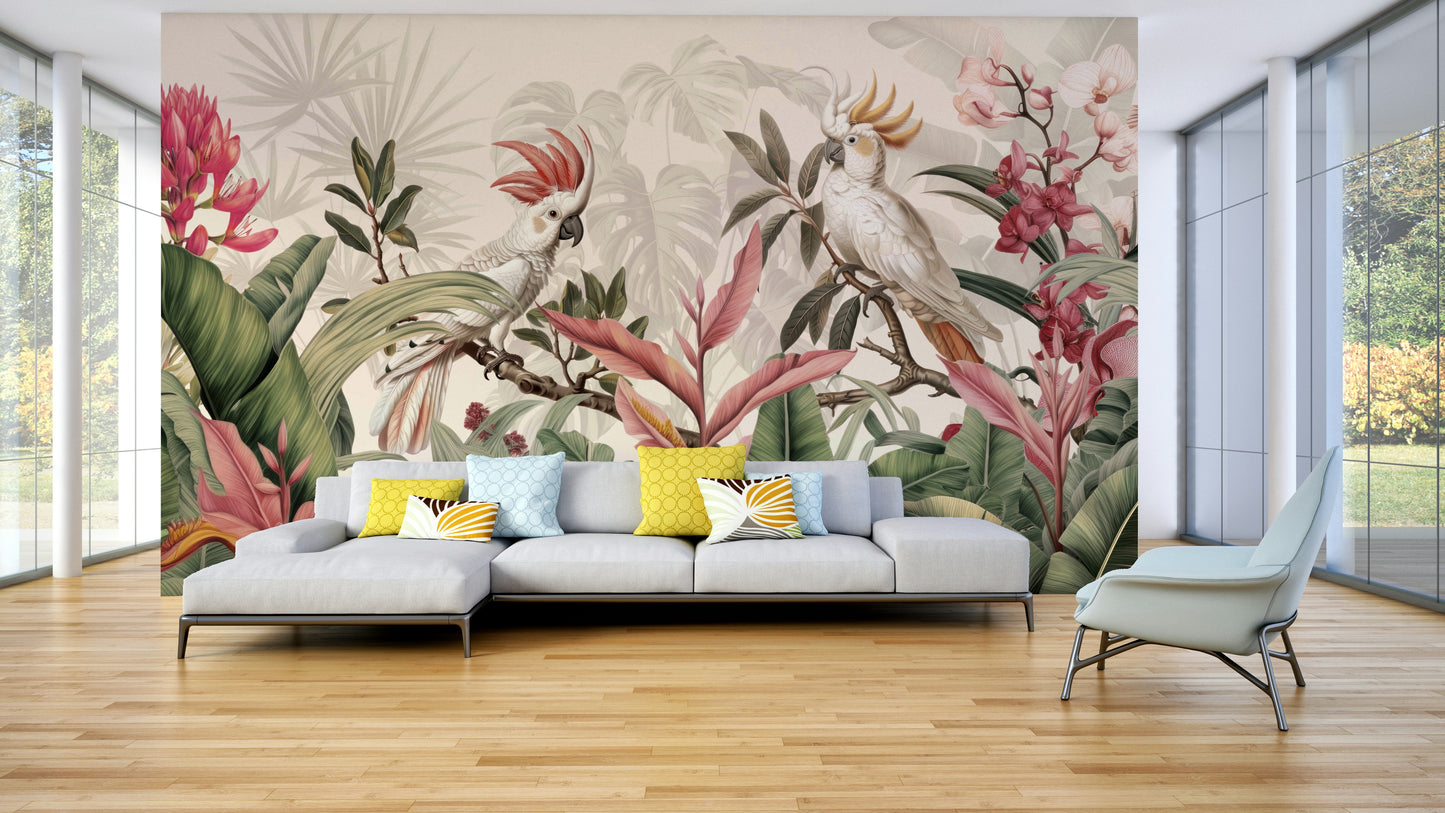 A living room decorated with a tropical mural

