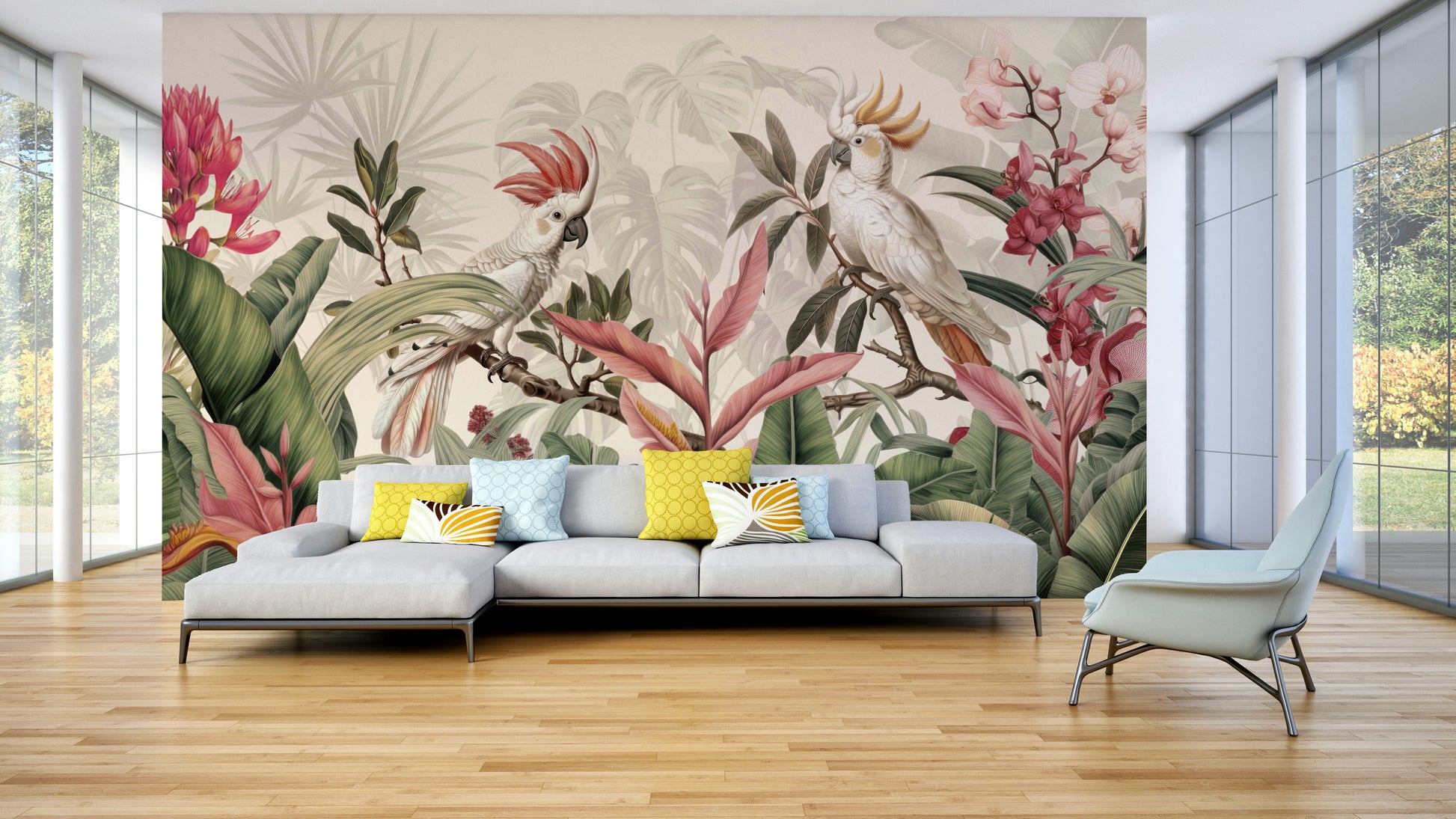 A living room decorated with a tropical mural

