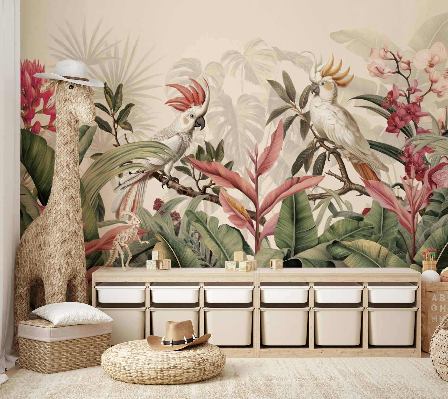 Wallpaper with a tropical jungle and bird design

