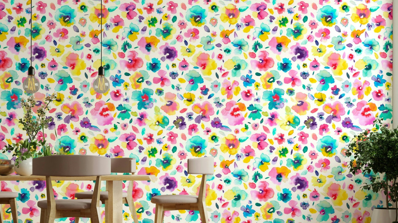 Artistic floral wallpaper in a tropical palette

