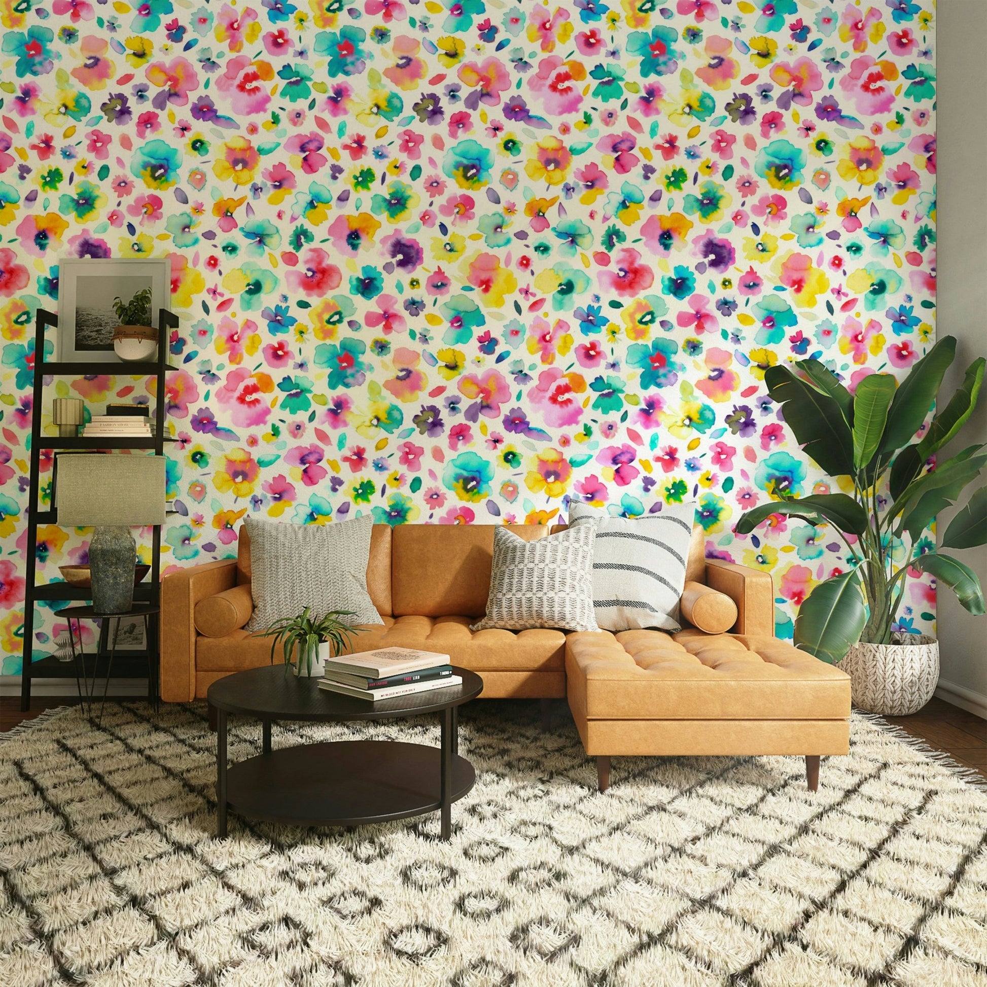 Hand-painted flower wall design in vivid colors

