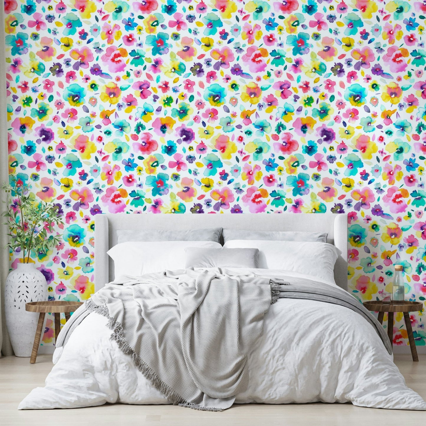 Watercolor mural with bold tropical blossoms

